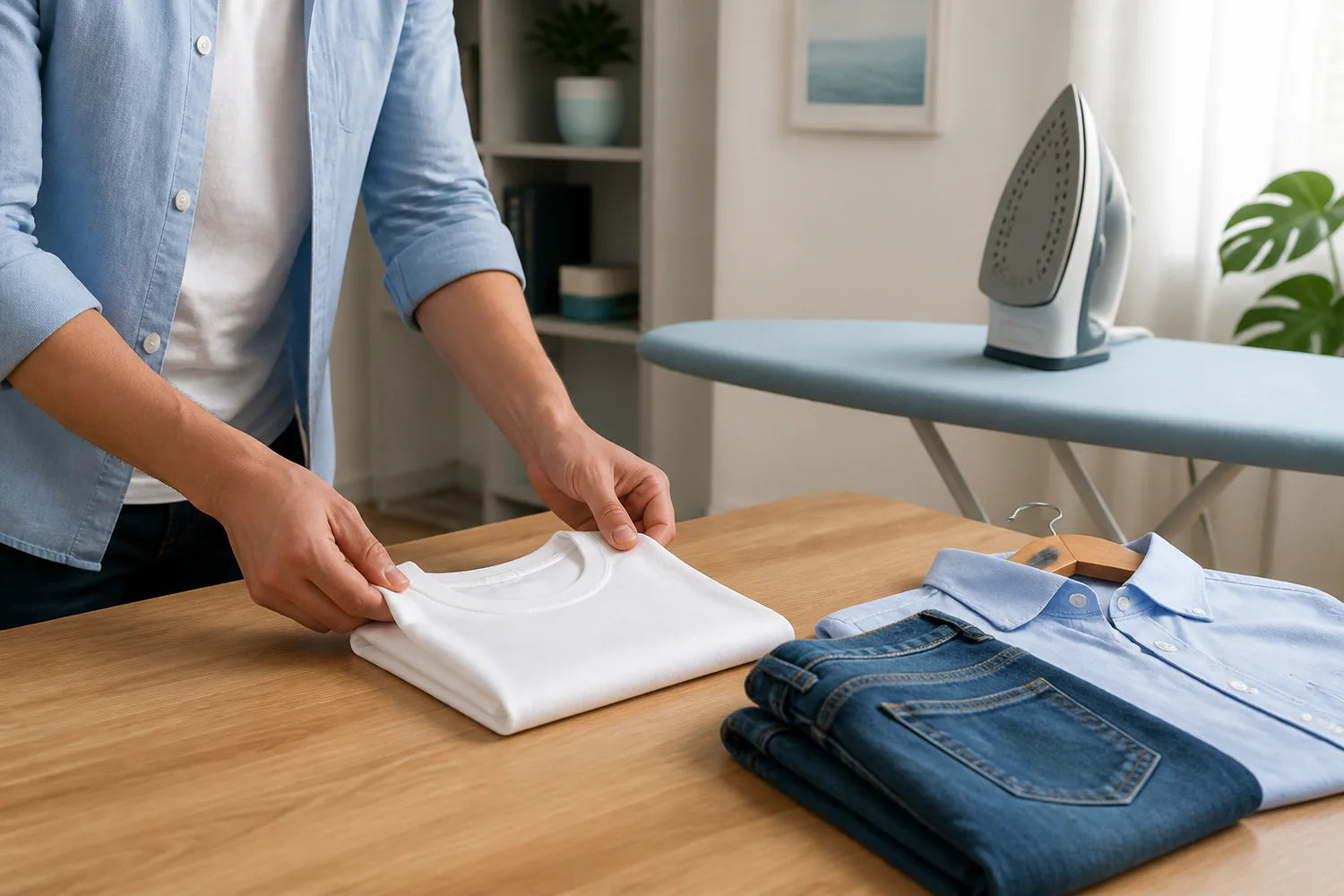 Kleding vouwen met een strijkijzer veilig op de achtergrond