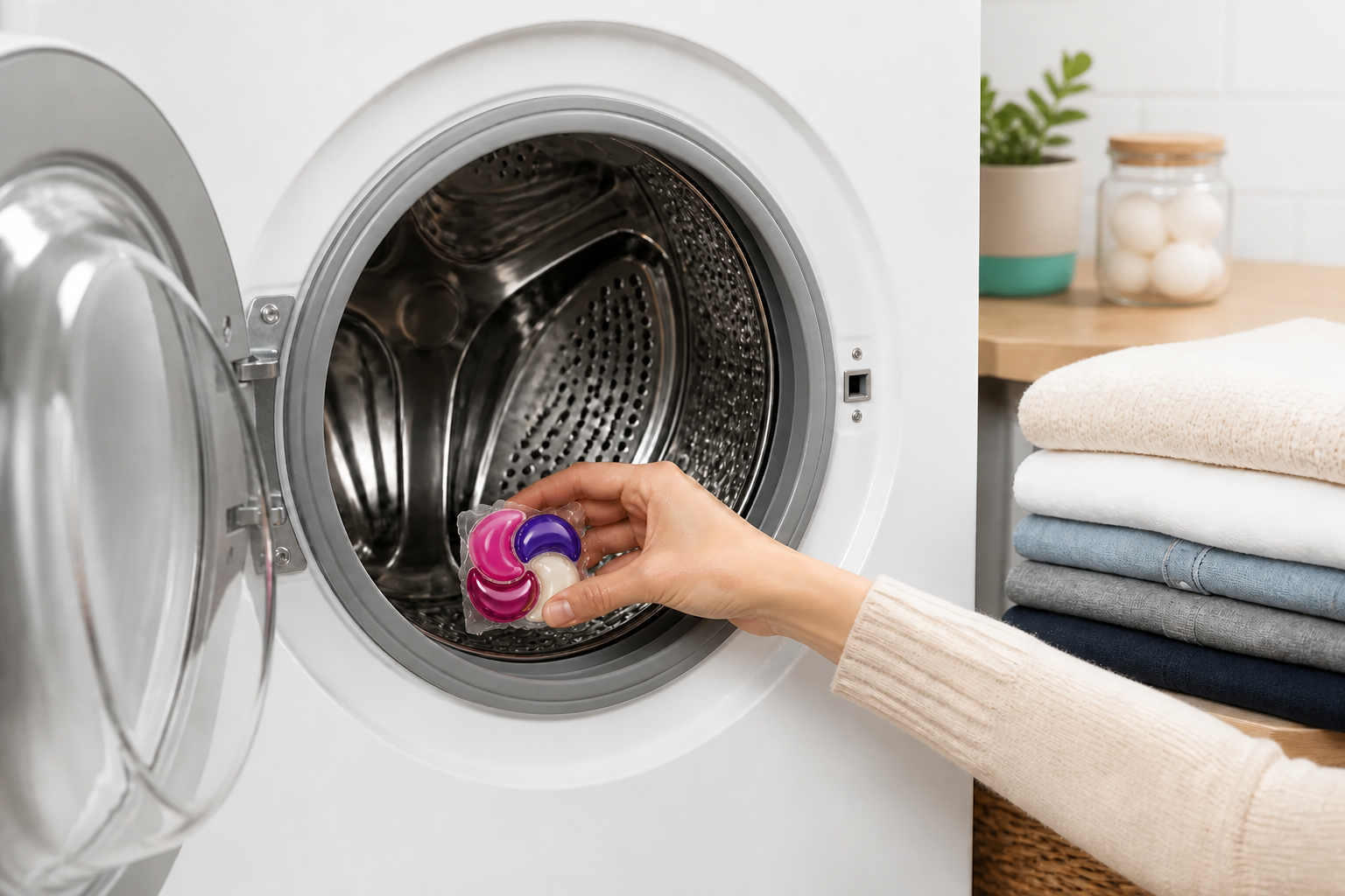 Hand plaatst een FashFresh wascapsule in de lege wastrommel