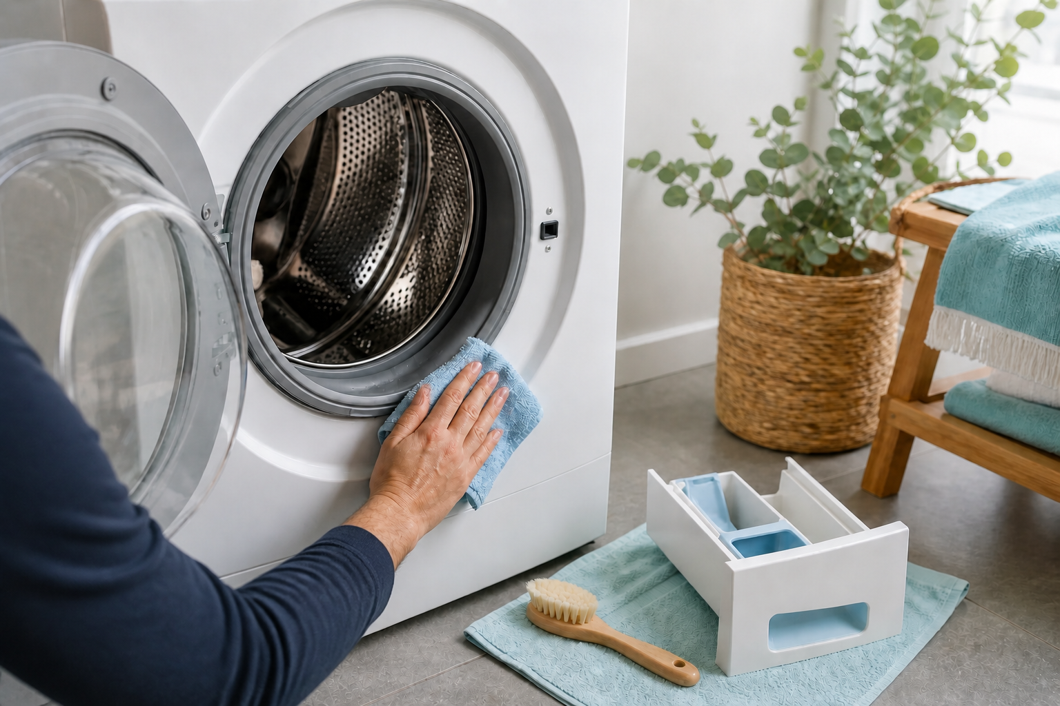 Deurrubber en wasmiddellade van een wasmachine schoonmaken